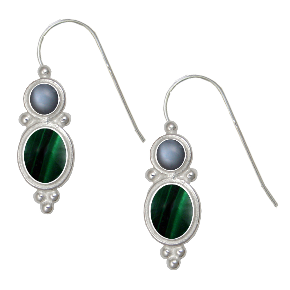 Sterling Silver Drop Dangle Earrings Malachite And Grey Moonstone